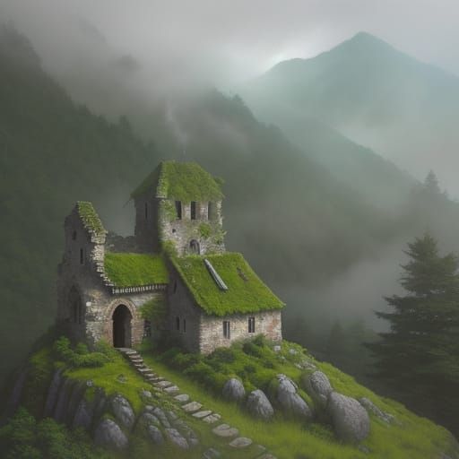 Expressionist Watercolor Ruin in Misty Mountains