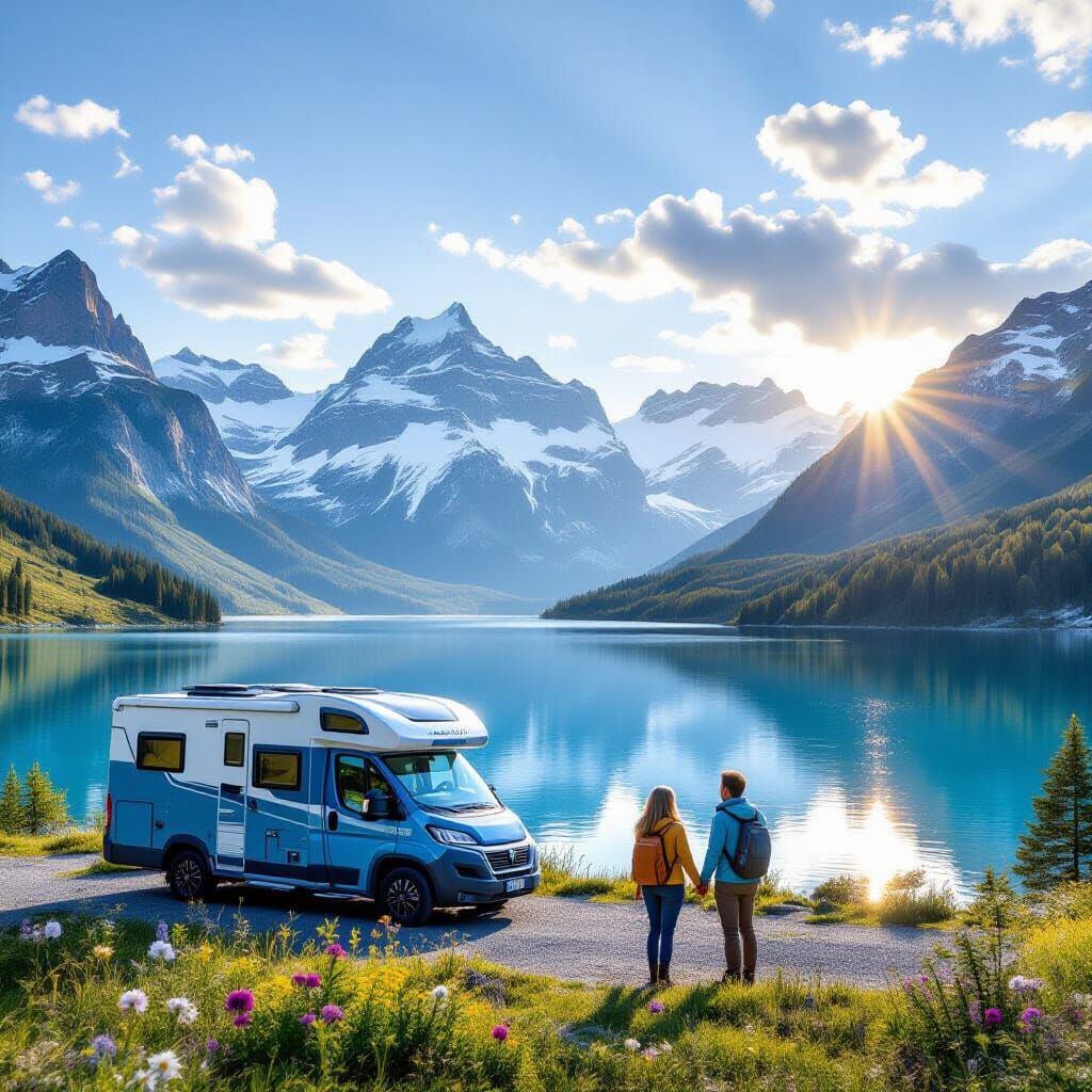 Alpine Spring Serenity: Couple by Lake with Snow-Capped Peak...