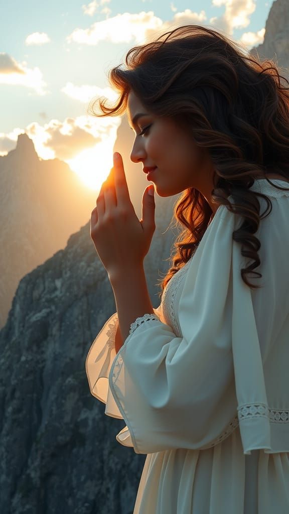 Serene Mountain Goddess Awakens with Dawn's Warm Light