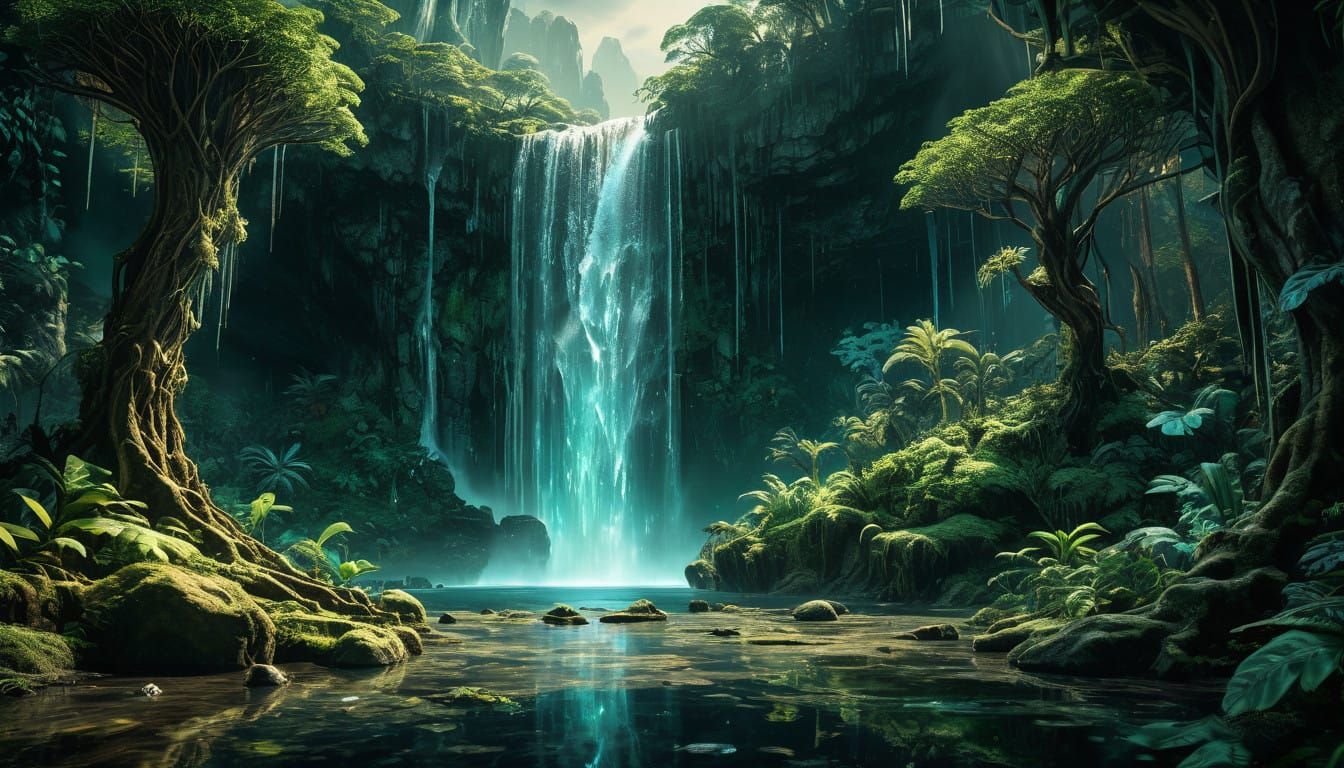 Ethereal Fantasy Giant Stone Hand Illuminates Tropical Fores...