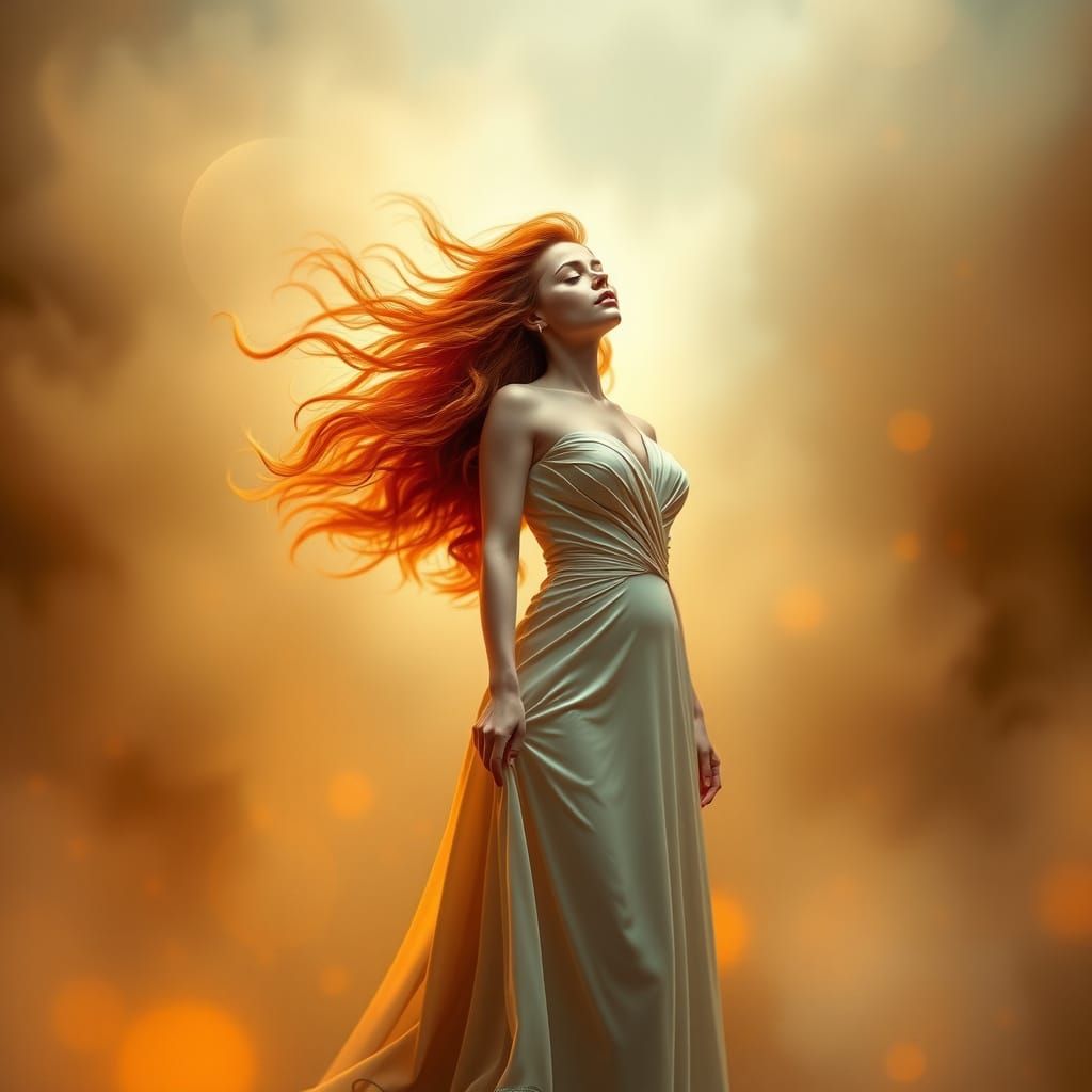 Ethereal Redhead in Golden Light, Watercolor Style