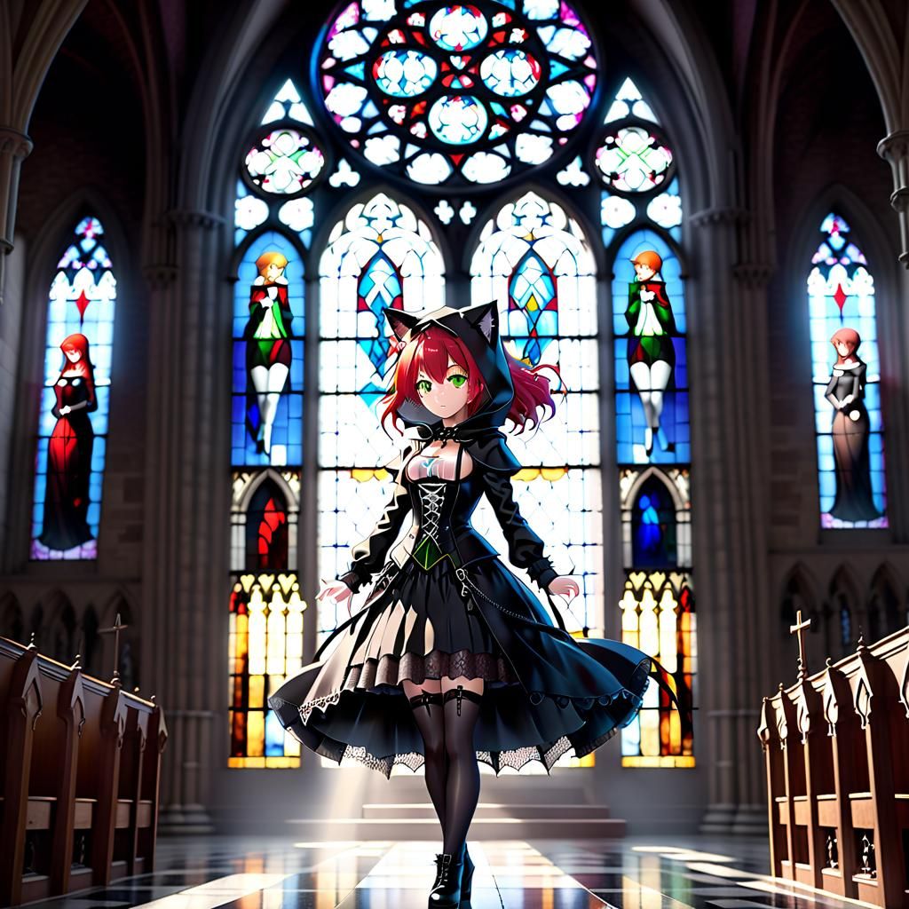 Gothic Japanese Nekomimi Girl in Anime Style