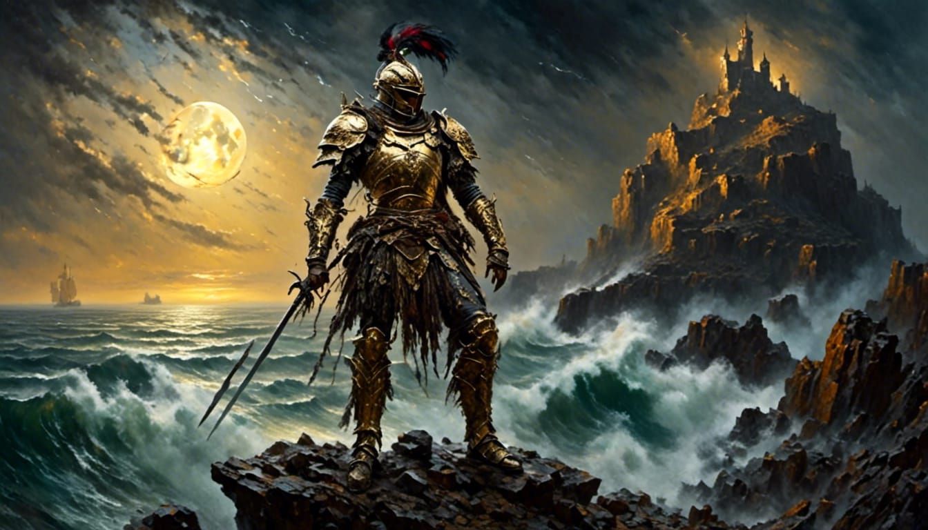 Epic Fantasy Warrior on Stormy Coast
