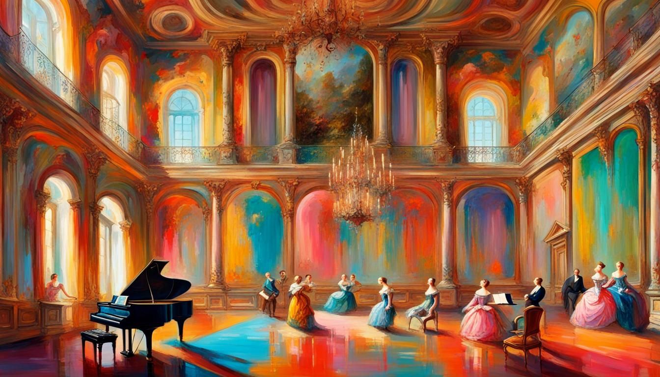 Rococo Castle Scene with Piano and Vivid Colors