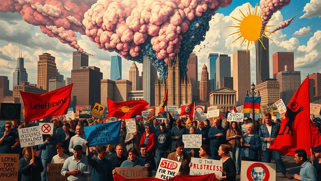 Surreal Protest in Distorted Cityscape with Bold Colors