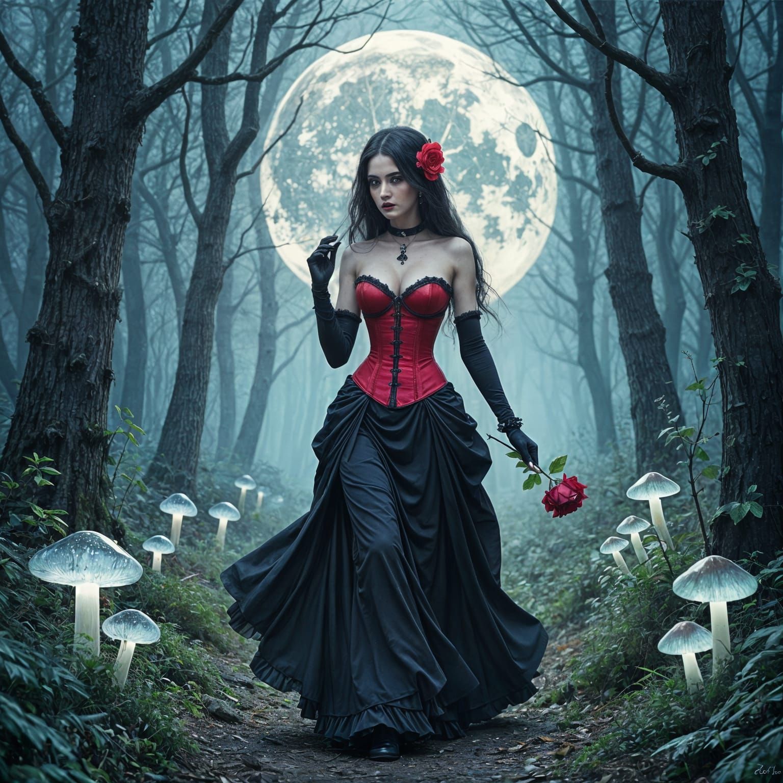 Gothic Beauty in Bioluminescent Forest Watercolor