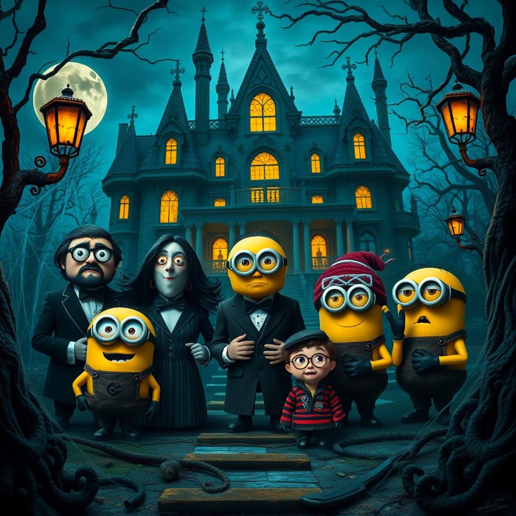 Addams Family as Minions in Dark Fantasy Style