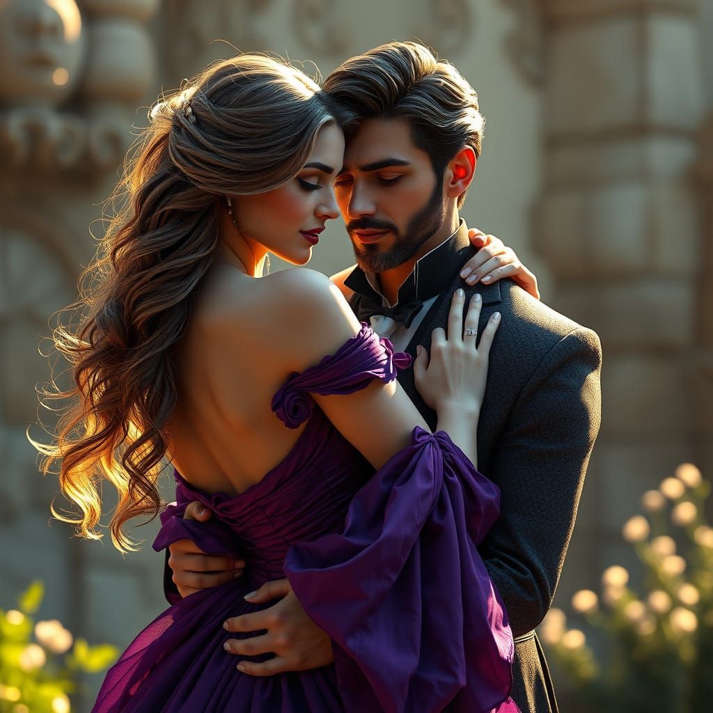 Romantic Fantasy Couple in Lavish Purple Gown