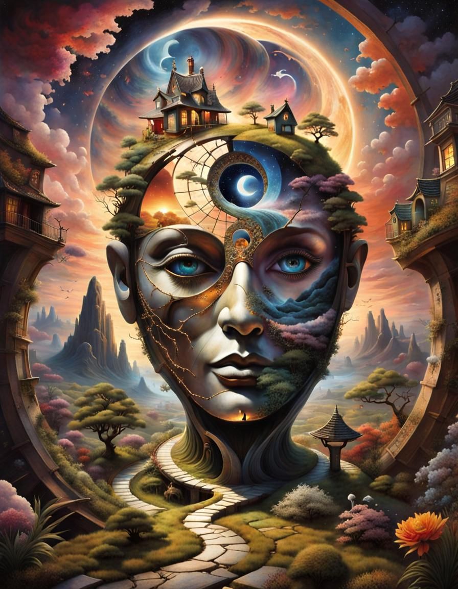 Surreal Stargate Scene with Ancient Bonsai and Cottages