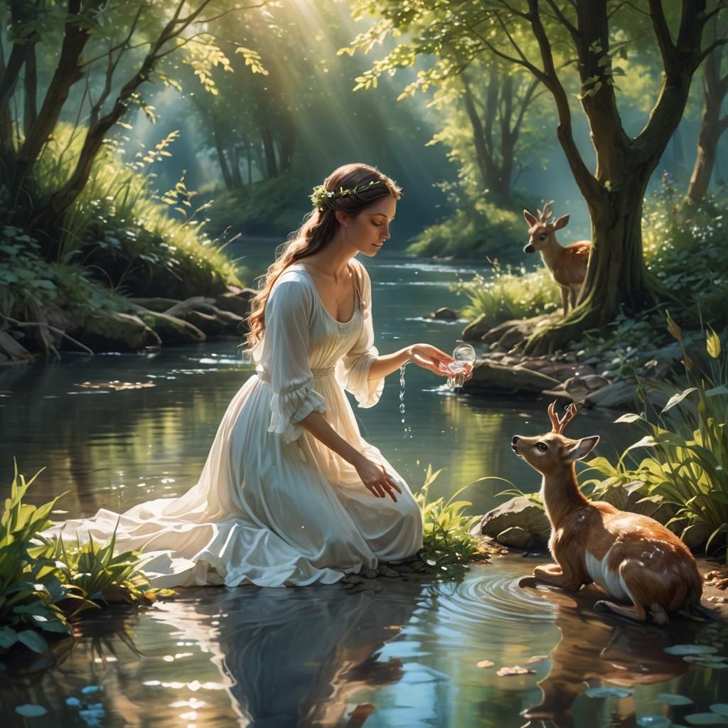 Woman Shares Water with Deer: Impressionist Fantasy Art
