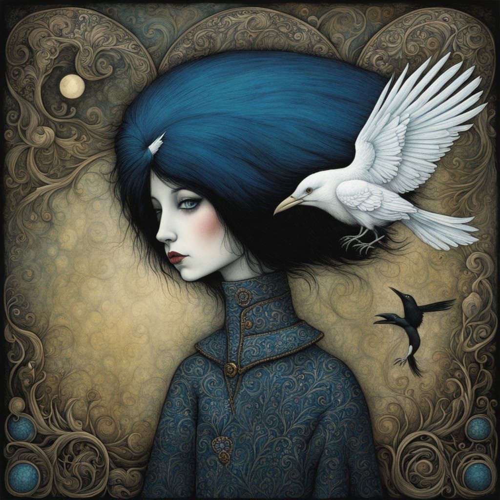 Goth Girl and White Crow in a Haunting Landscape