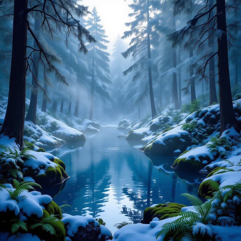 Misty Hot Spring in Snow-Covered Forest