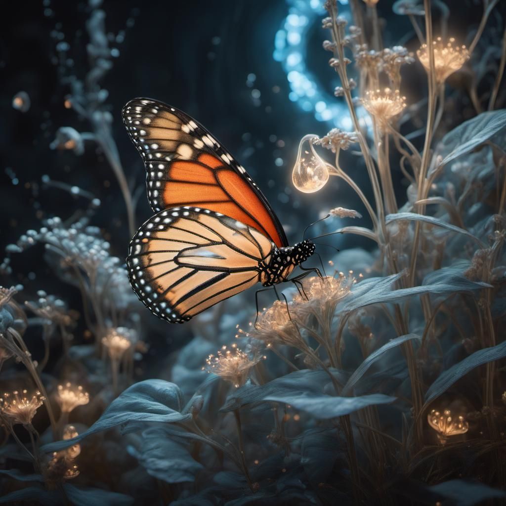 Monarch Butterfly with Bioluminescent Swan Plants