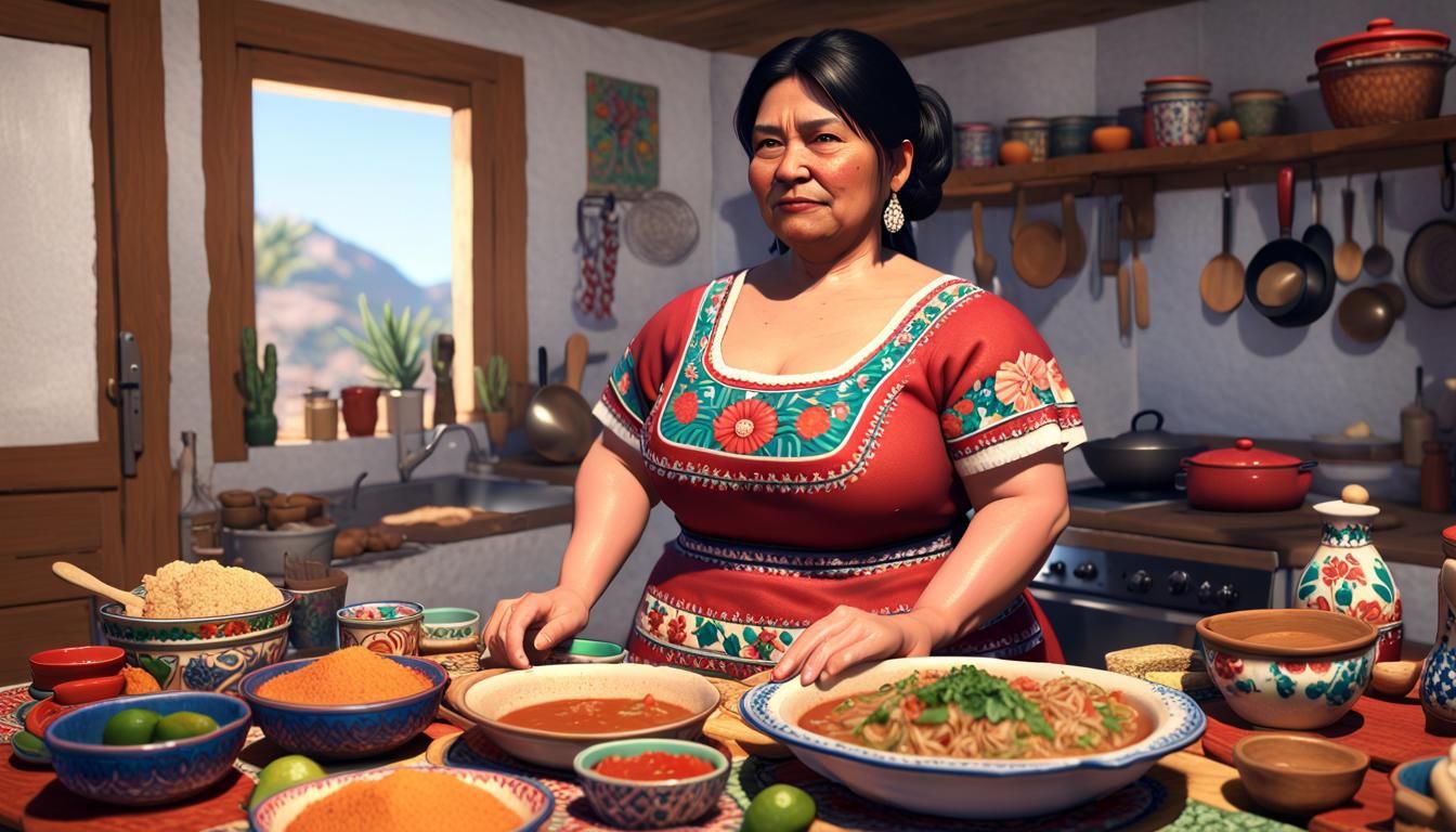 Mexican Lady Preparing Feast in Talavera Kitchen