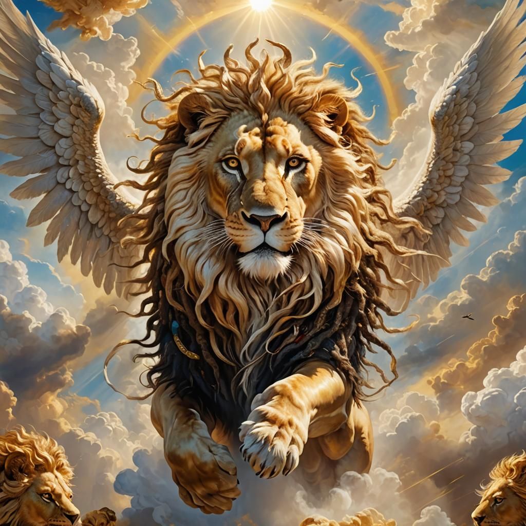 Angel Rides Lion Through Heaven in Baroque Style