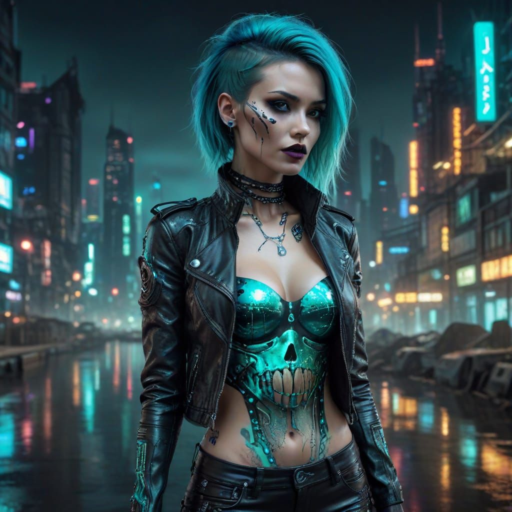 Cyberpunk woman with tech implants and a shiny skull bustier...