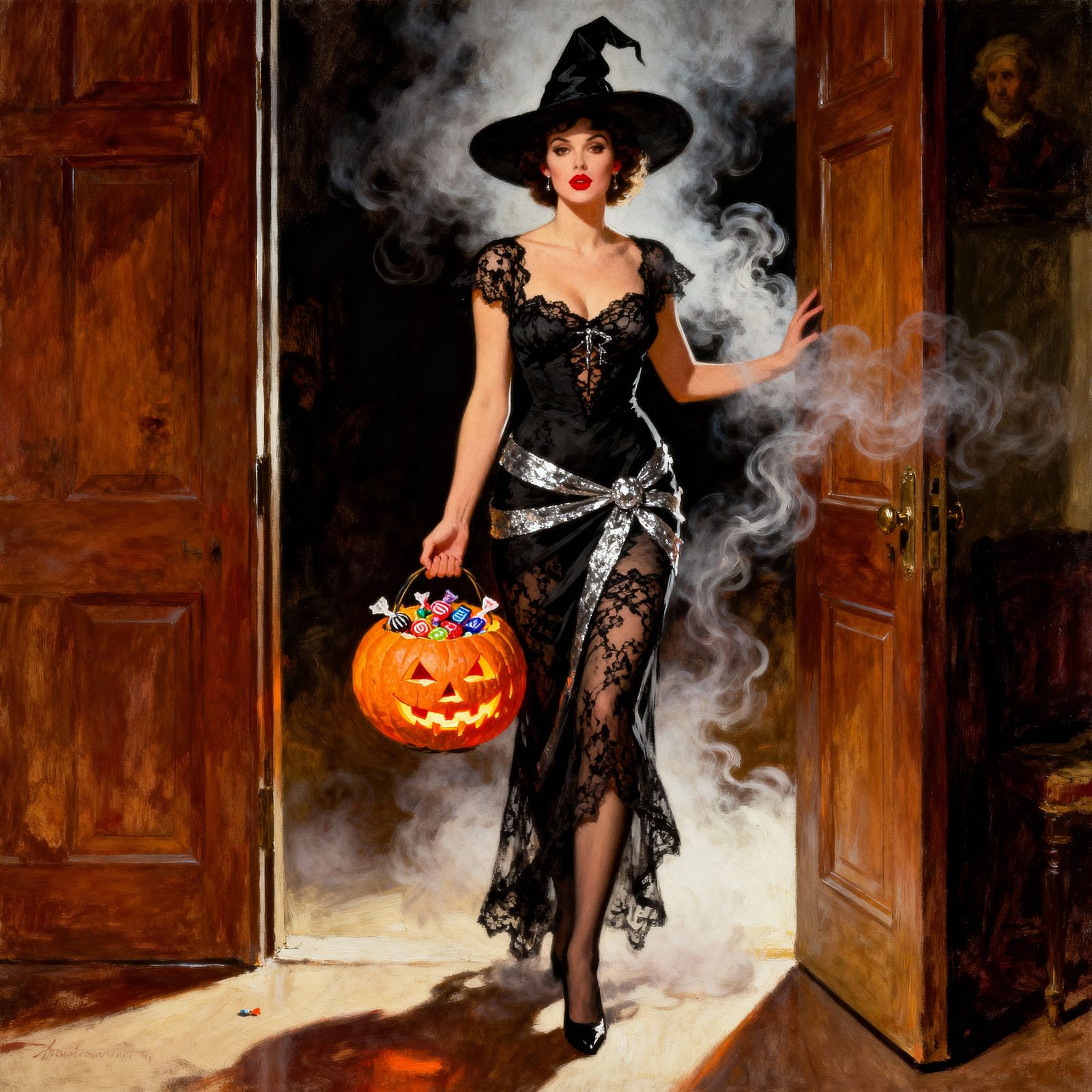 Glamorous Witch with Jack-o'-Lantern in Avant-Garde Style