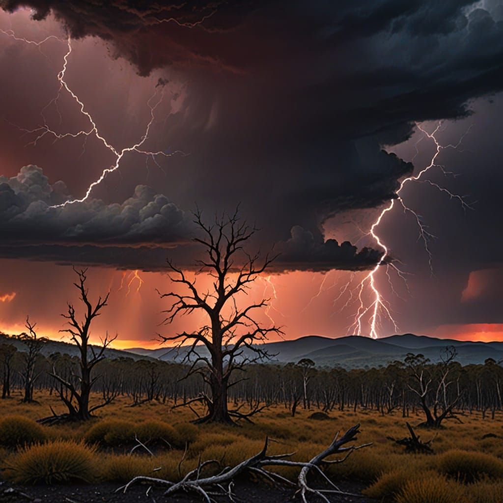 Dead Forest at Sunset with Lightning Strike