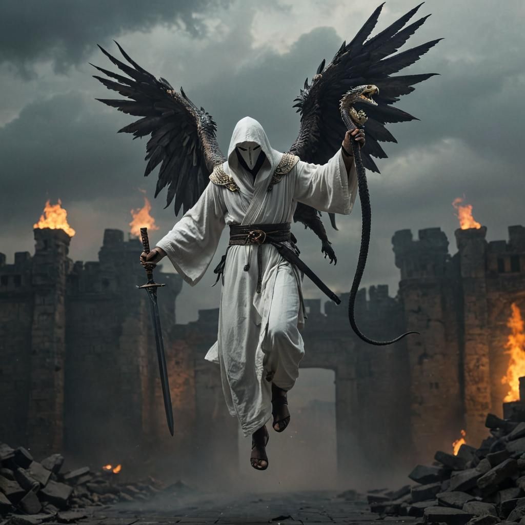 Winged Angel with Sword and Dragon in Burning Ruins