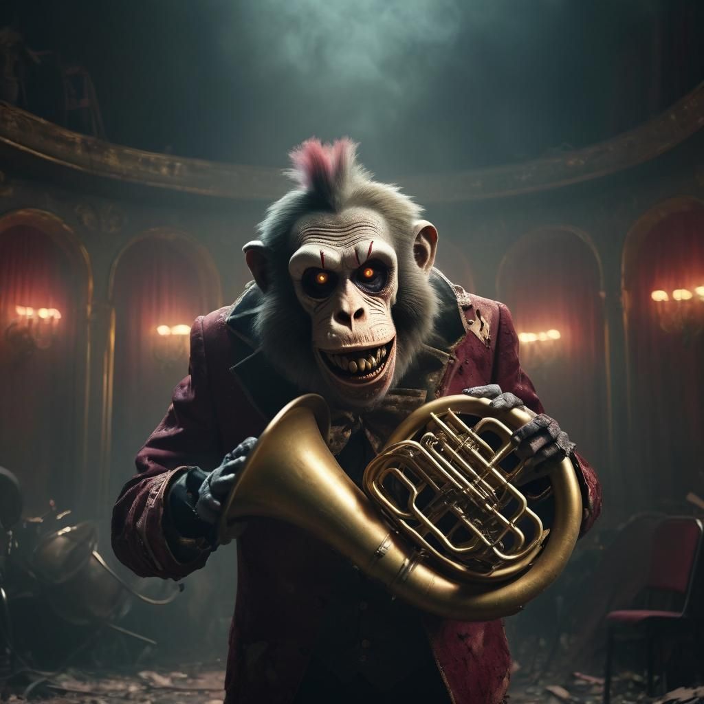 Zombie Monkey Clown Tuba Player in Demolished Theater