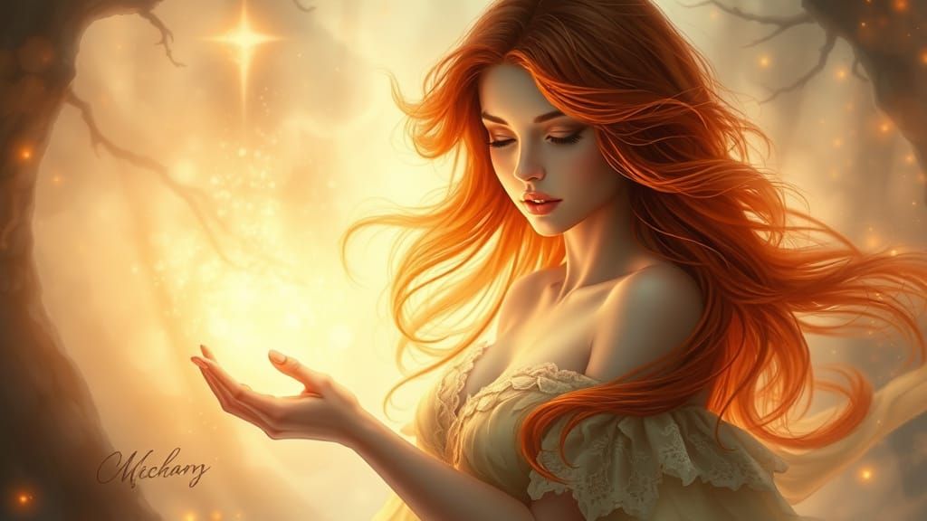 Ethereal Goddess with Red Hair and Magical Light