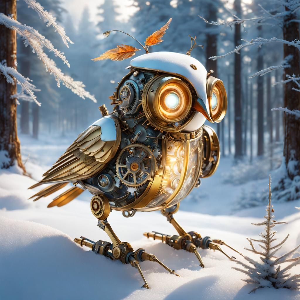 Frost-Coated Steampunk Robot Songbird in Winter Forest