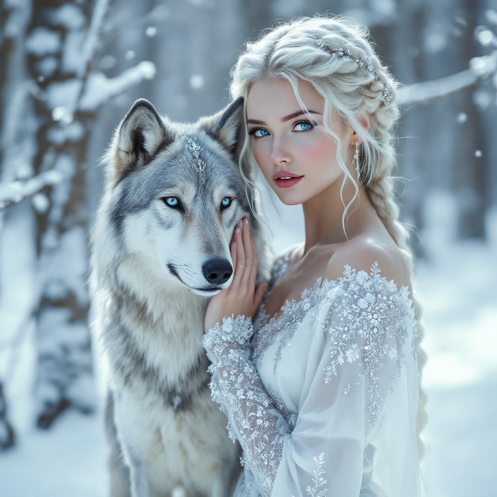 Ethereal Snow Queen with Majestic Gray Wolf in Winter Wonder...