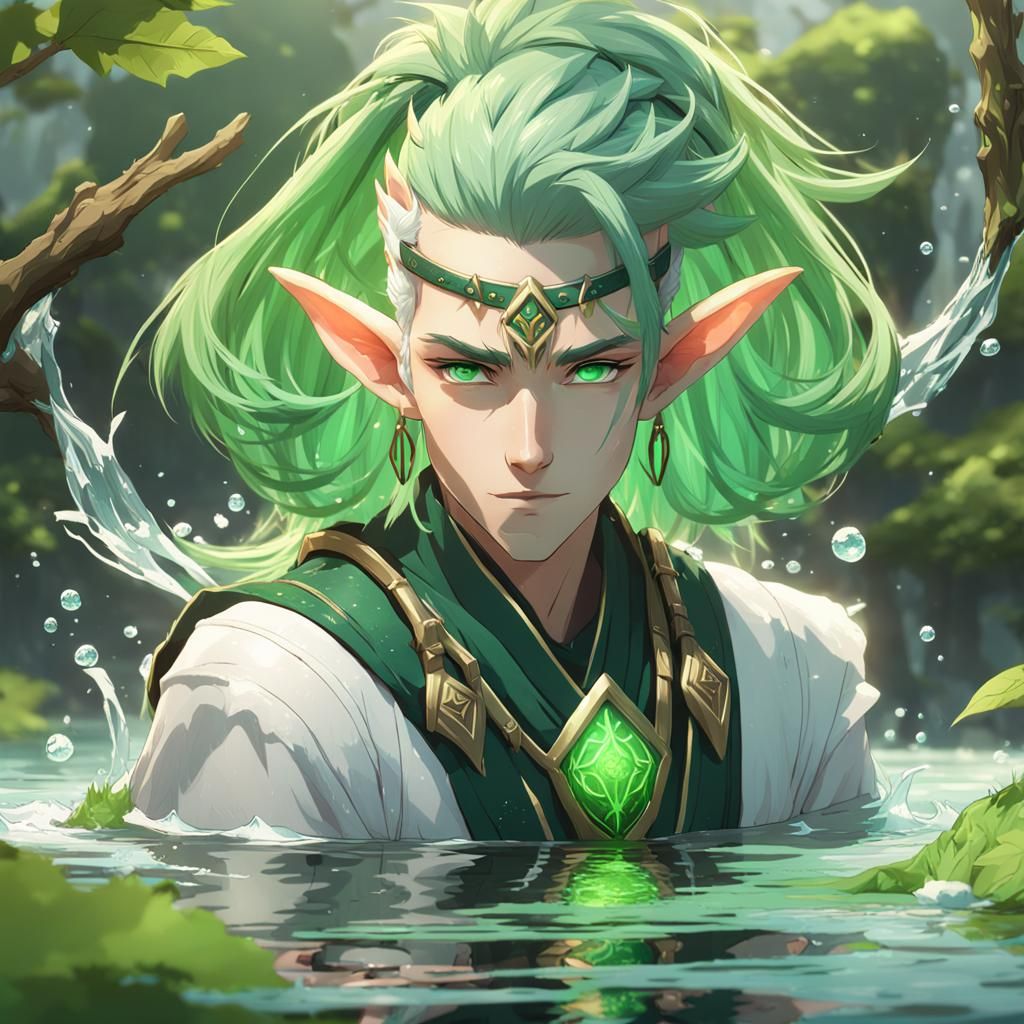 Green-Haired Elf Druid Bending Water in Anime Style