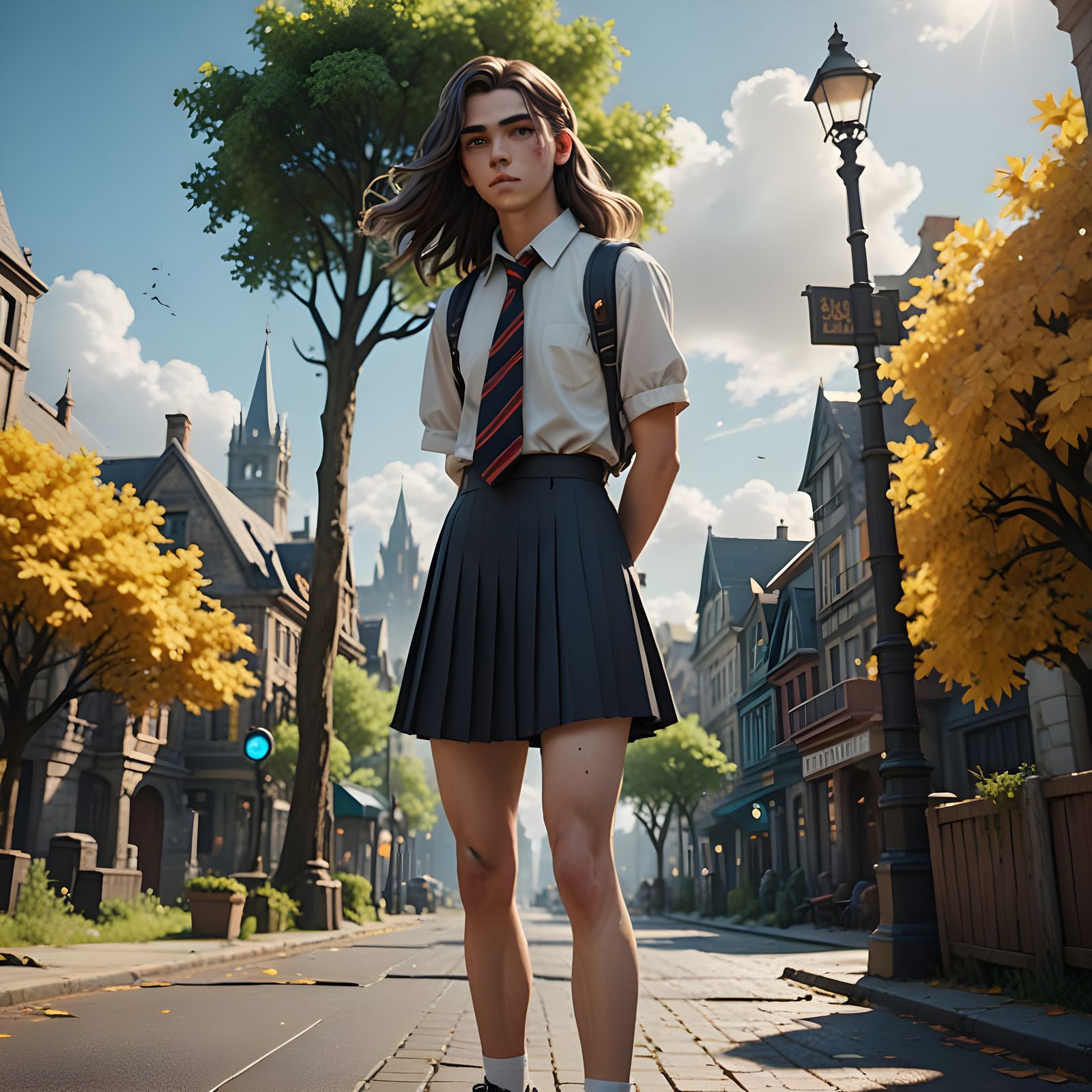 Crossdressing Teen in School Uniform, Detailed Digital Art