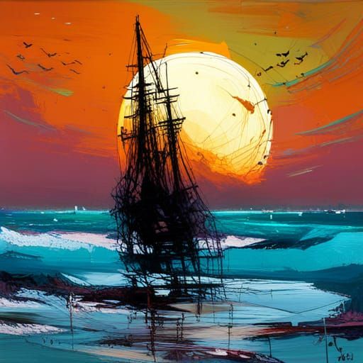 Sailing Ship Under Glowing Moon, Graffiti Art Style