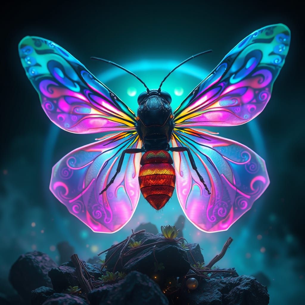 Luminescent Wasp in Dreamlike, Iridescent Realm