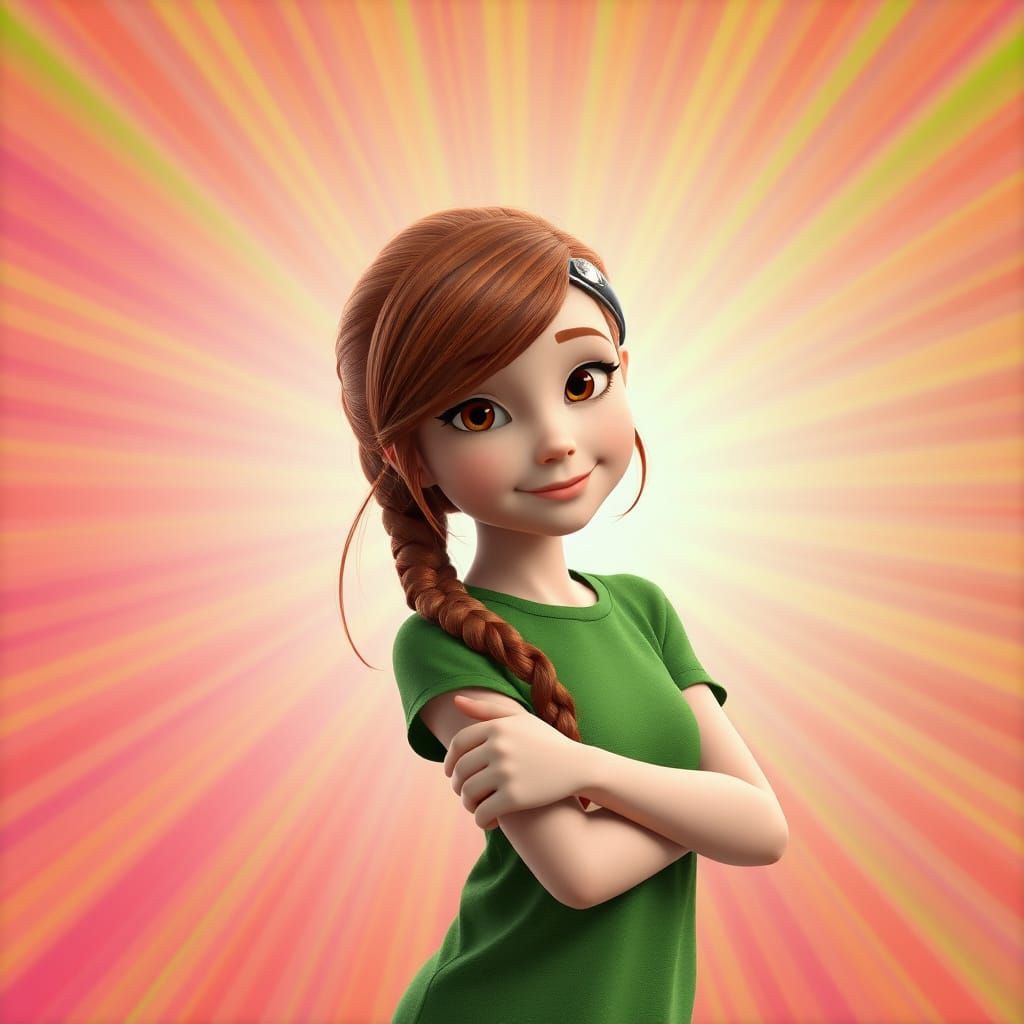 Redhead Girl in Green Shirt: 3D Digital Art