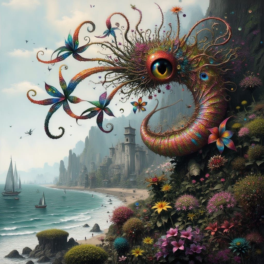 Intricate Fantasy Landscape with Seaside Dragon and Whimsica...