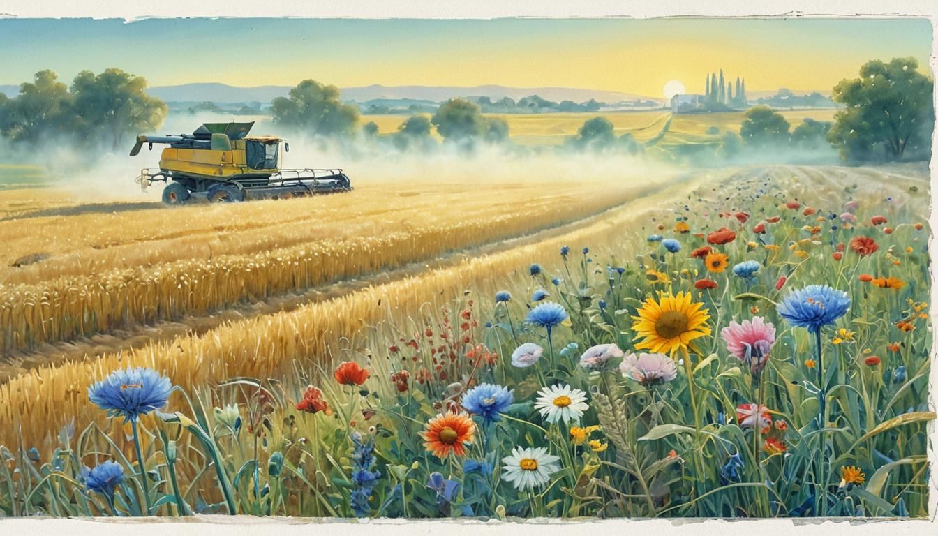 Surreal Combine Harvester in Watercolor Style