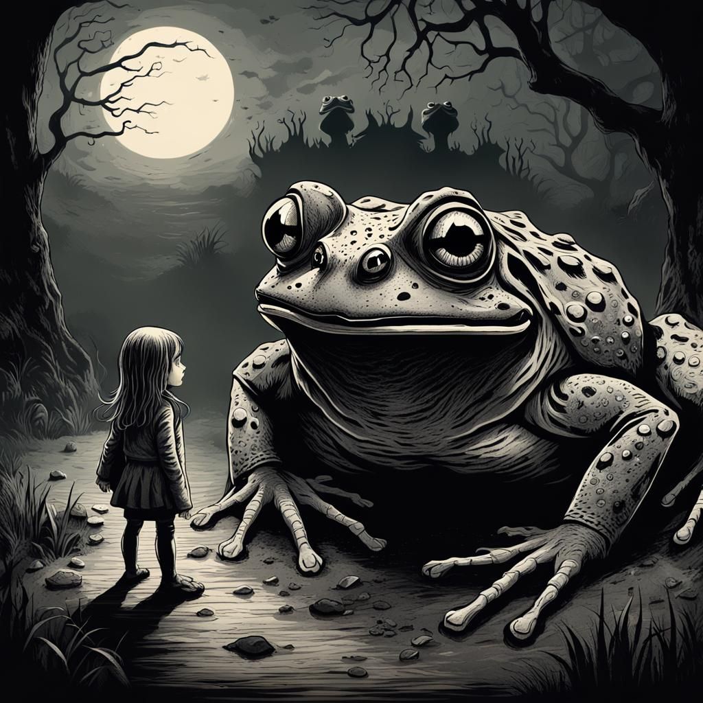 Eerie Frog Stares at Girl in Dark Fantasy Illustration
