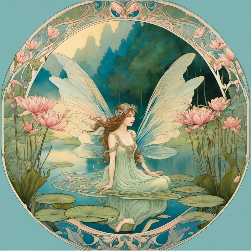 Art Nouveau Fairy by Lake with Water Lilies