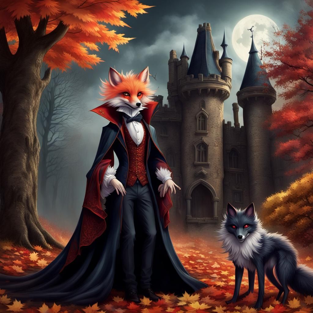 Victorian Vampire and Autumn Fox Spirit in Dark Fantasy