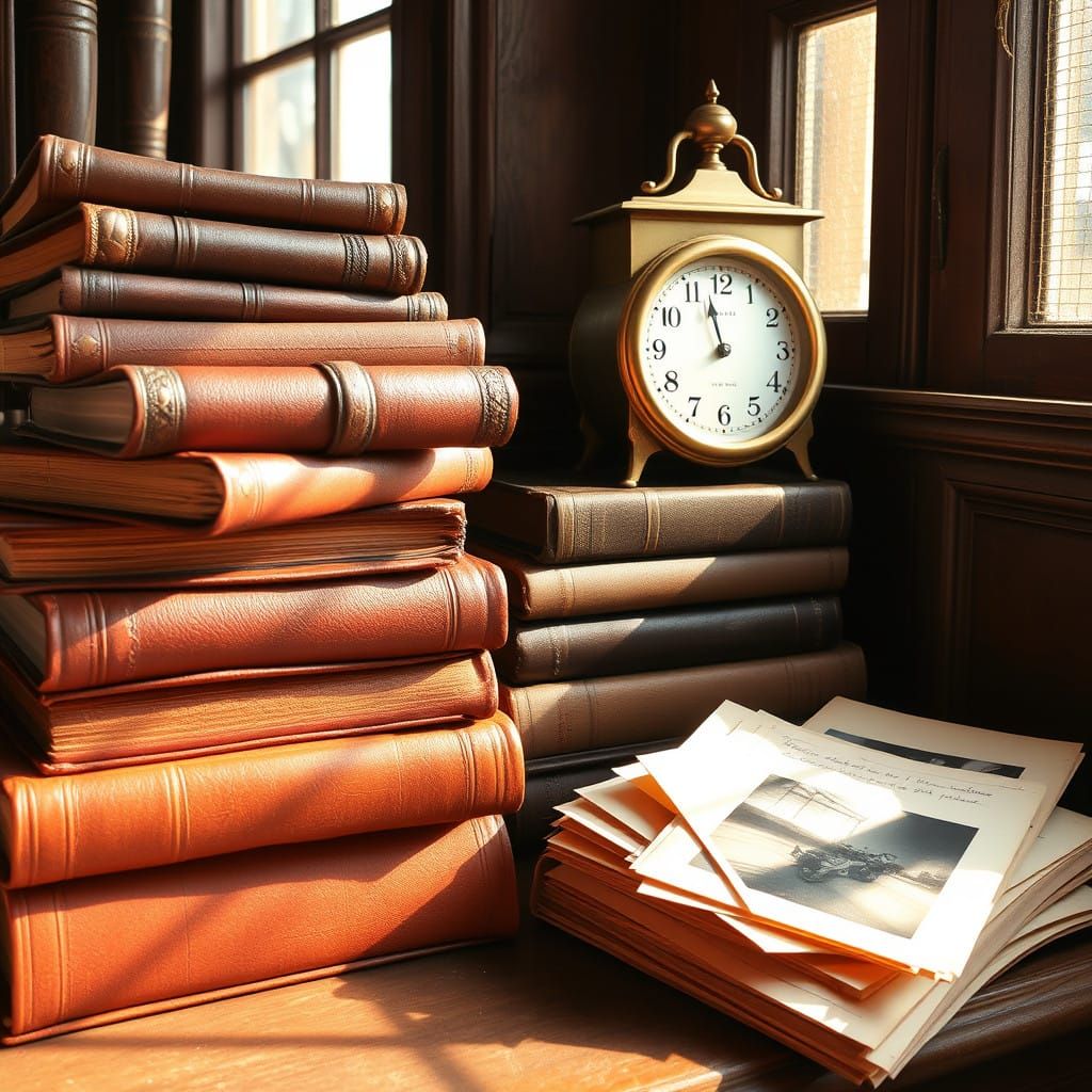 Weathered Leather Books and Antiques in Warm Mahogany Lighti...