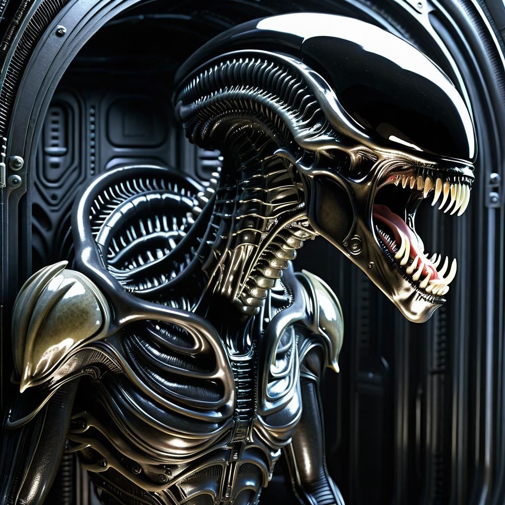 Xenomorph Crawling Through Biomechanical Tunnel in Giger Sty...