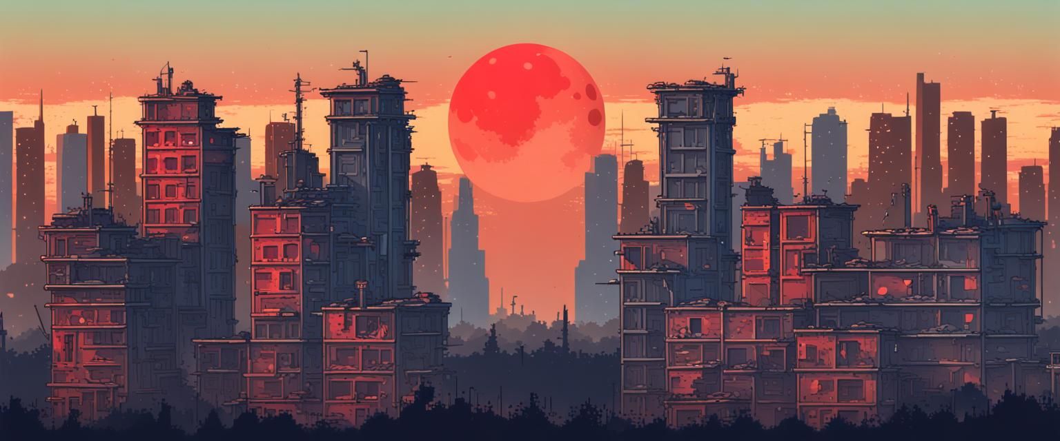Post-Apocalyptic Pixel Art Landscape with Red Moons
