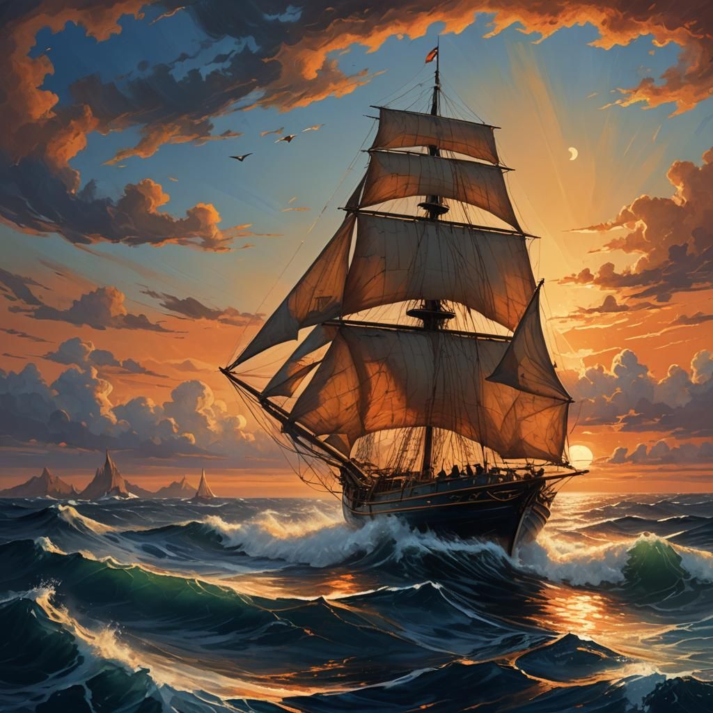 Sailboat on Serene Sea at Sunset, Fantasy Art