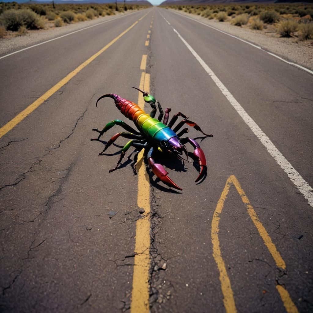 Rainbow Scorpion on Lonely Road: Horror Photography