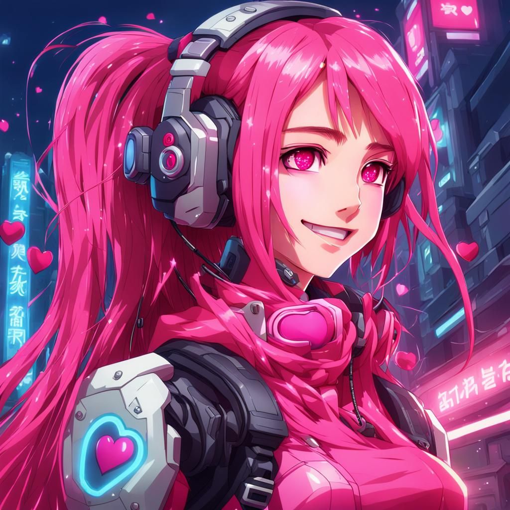 Biopunk Cyborg Woman with Pink Hair in Anime Style