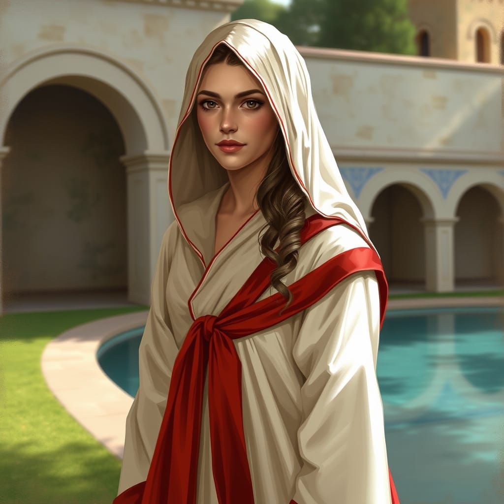 Isolde Carena in Elegant Ivory Gown with Cyrodiilic Red Acce...