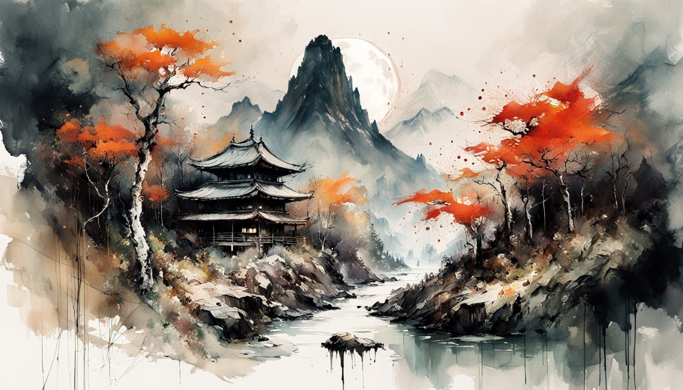 Ink Painting of Japanese Mountain Sect Landscape with Moon