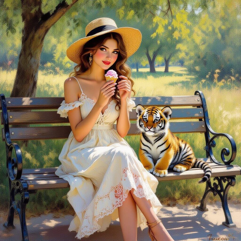 Woman and Tiger Cub in Summer Park, Art Nouveau Style