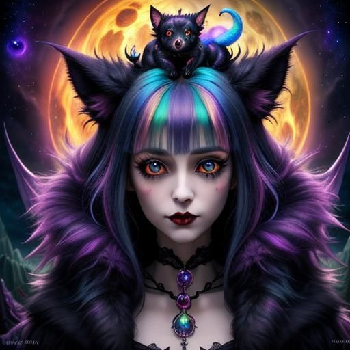 Cute Vampire Monster with Dog, Detailed Fantasycore