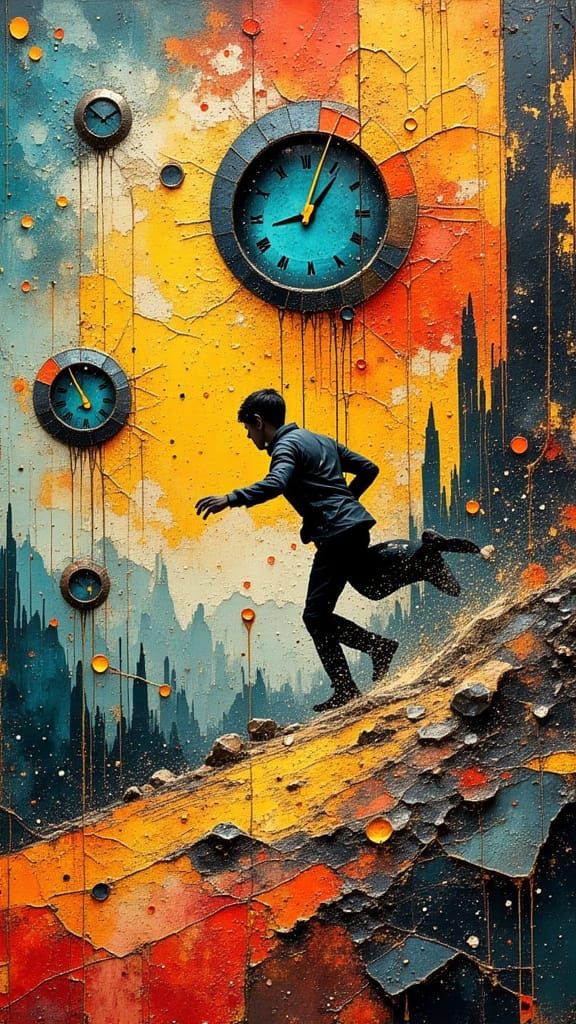 Surreal Man Chasing Dripping Oil Clocks in Abstract Landscap...