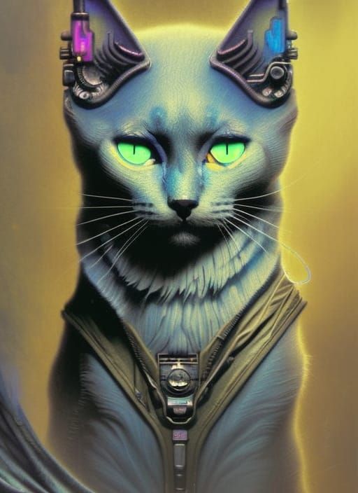 Cyberpunk Russian Blue Cat in Neon City