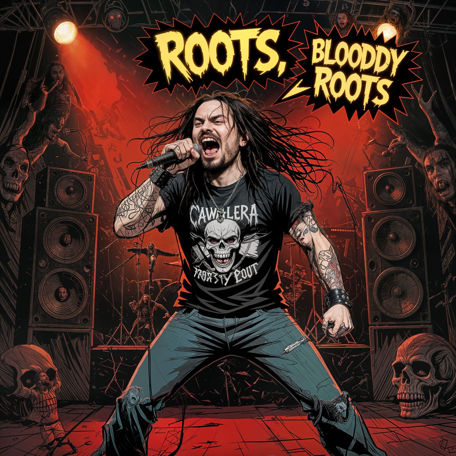 Max Cavalera Screaming on Stage in Dark Fantasy Style